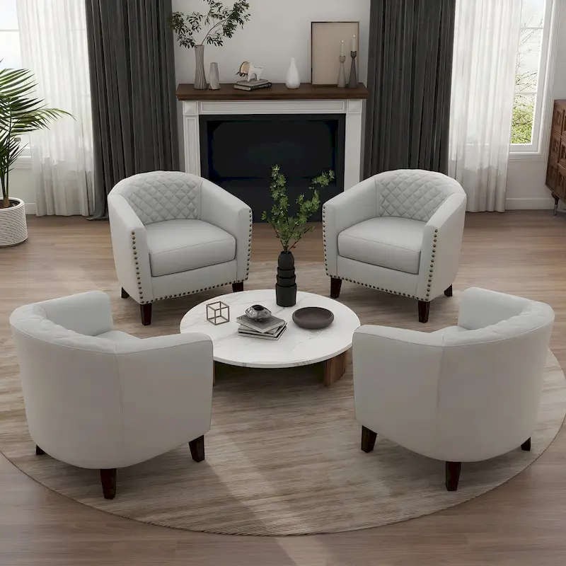 Axia 4 Set Modern Faux Leather Barrel Accent Chair with Wood Legs