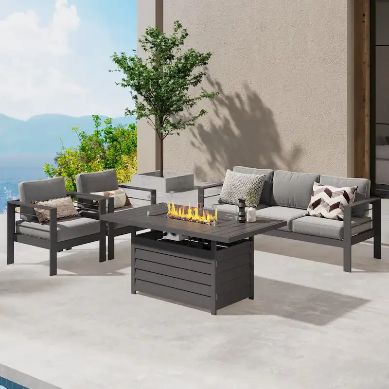 4 Pcs Patio Conversation Set with Propane Firepit