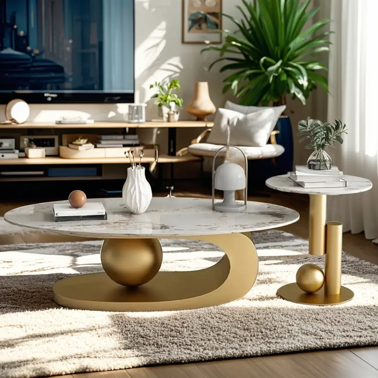 Modern Light Luxury White Oval Coffee Table with Metal Base