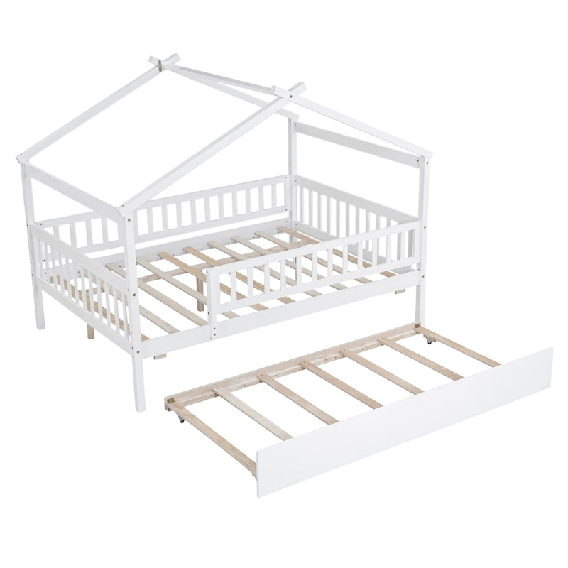 White Pine Wood House Bed with Twin Size Trundle, Full-Length Guardrail