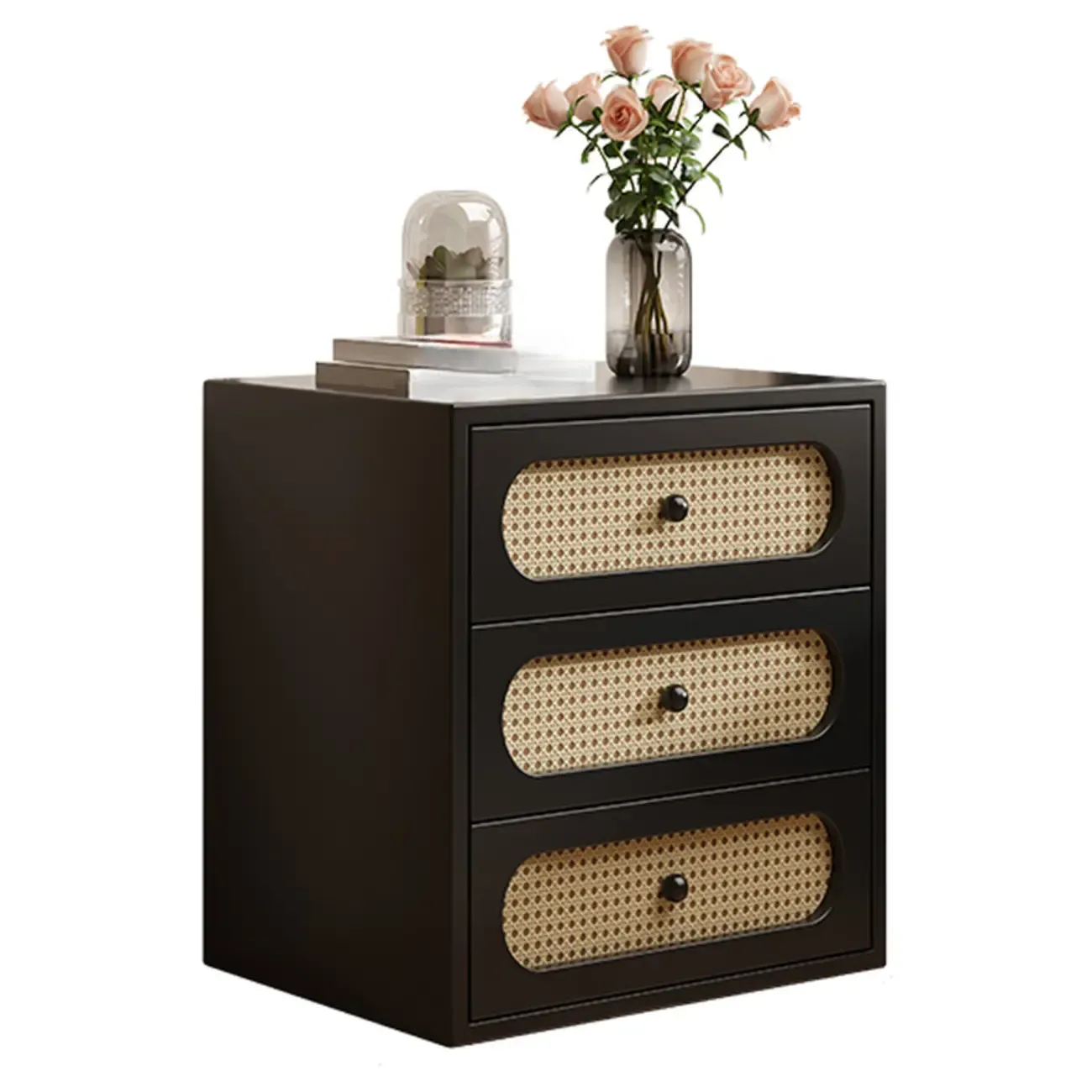 Functional White Wood Ratten 3-Drawer Narrow Nightstand