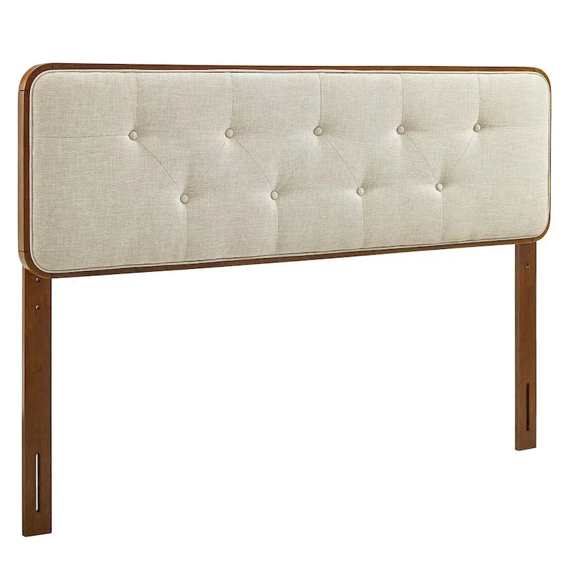 Glendale Traditional Beige Fabric Button Tufted King Walnut Wooden Headboard