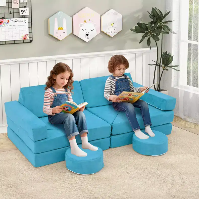 Costway 14 PCS Modular Kids Play Couch Child Sectional Sofa Toddler Soft Playset Blue/Gray/Yellow