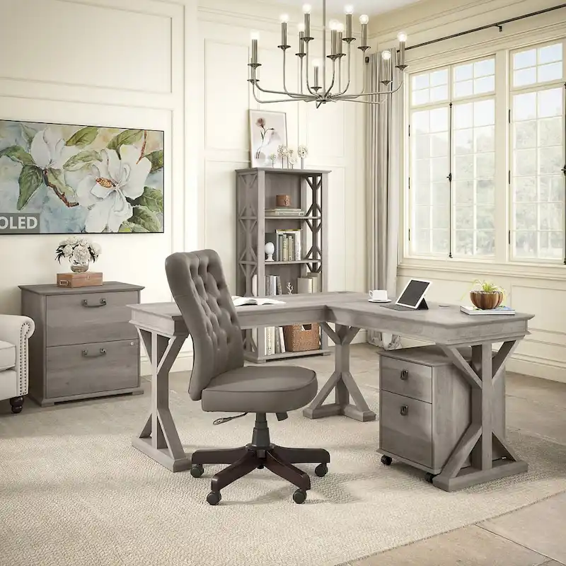 Farmhouse Lateral File Cabinet, 2-Drawer, Linen White Oak / Driftwood Gray, Single User