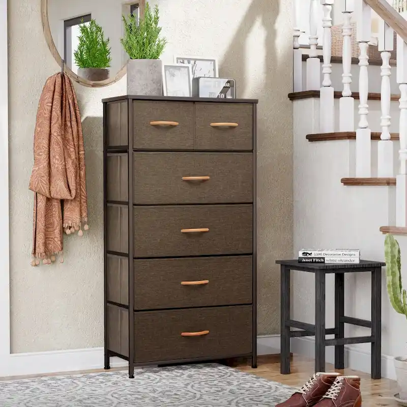 23 Brown Steel and Fabric Six Drawer Combo Dresser