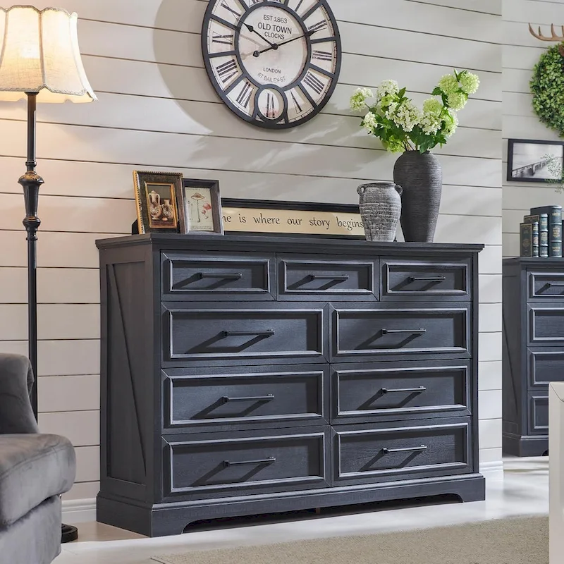 9-Drawer Dresser, Farmhouse, Blue/Grey/Brown/Off White/Black, Engineered Wood