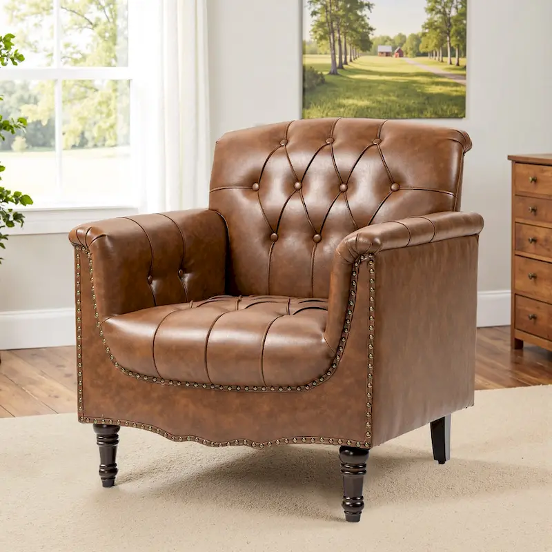 Tufted Vegan Leather Accent Chair Upholstered Armchair