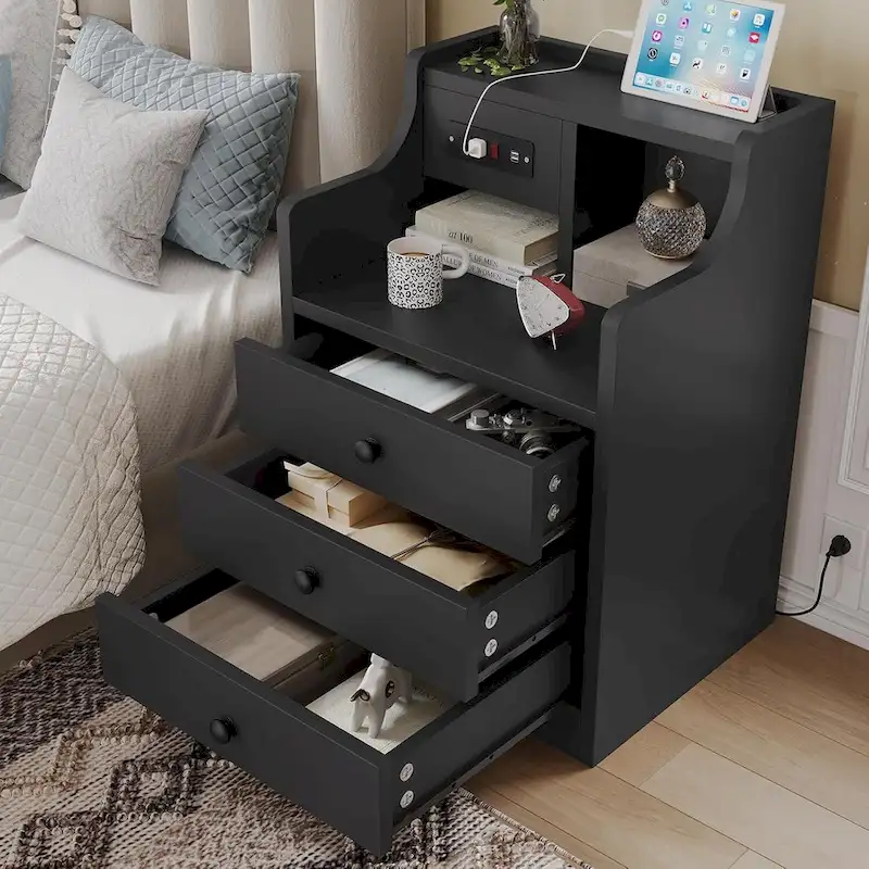 Nightstand 3 Drawers Charging Station End Side Table Bedroom