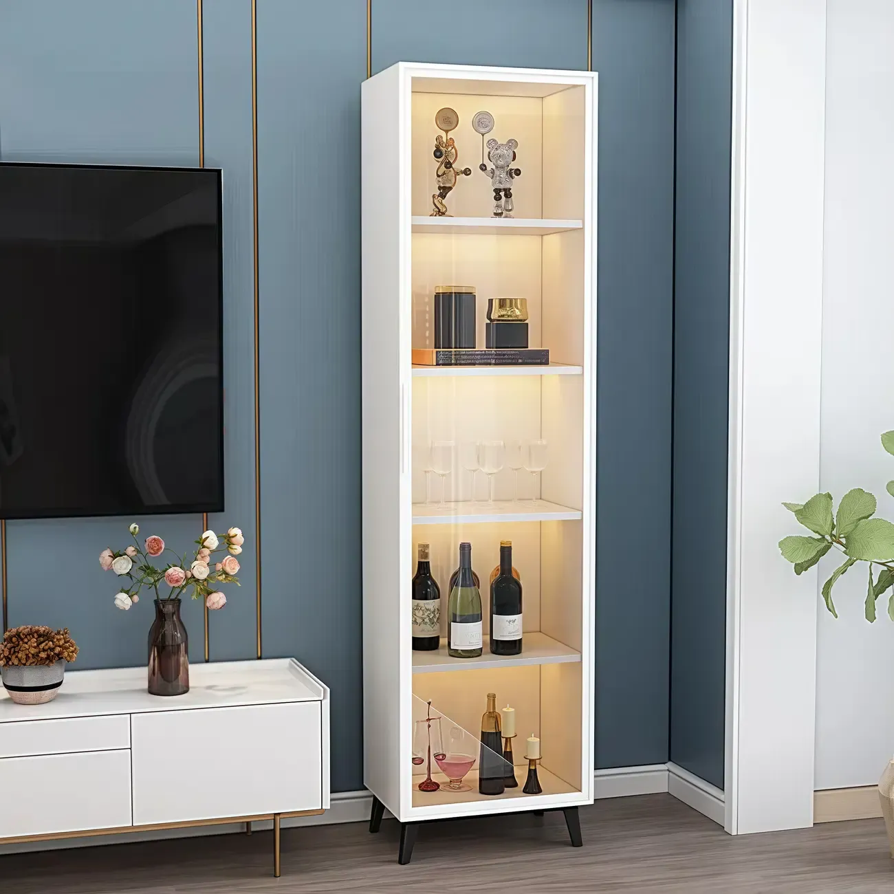 Floor Modern Metal Shelf Glass Doors Display Cabinet