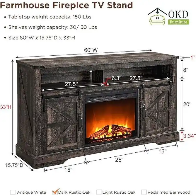 Farmhouse Fireplace TV Stand, Entertainment Center, Media Console