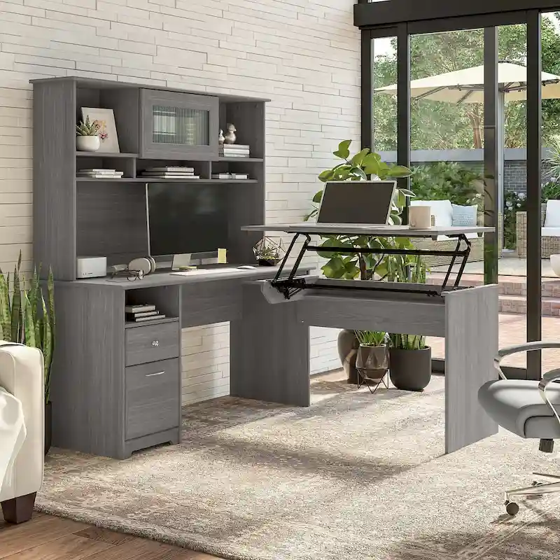 60W 3-position L-shaped Sit to Stand Desk with Hutch by