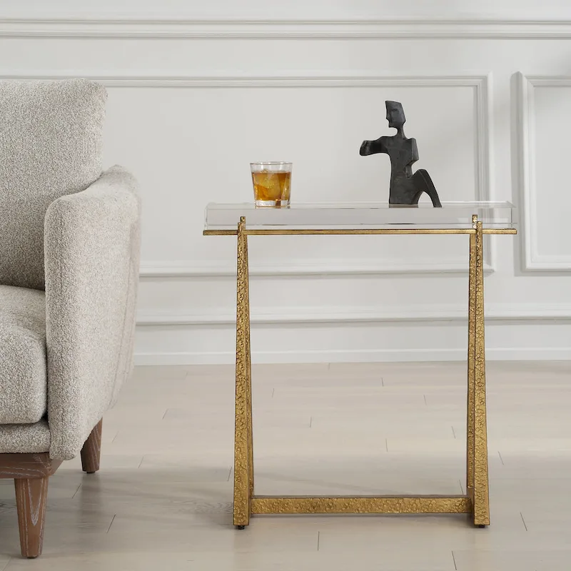 Thick Crystal Top End Accent Table - 24  - Antique Gold