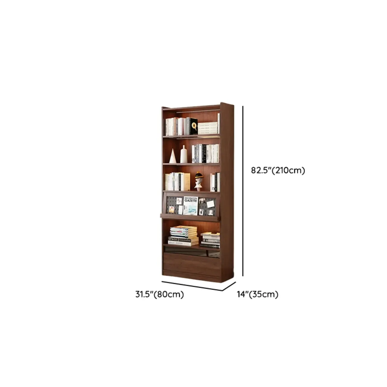 Mid Centyury Tall Brown Vertical Wood Bookcase with Drawers