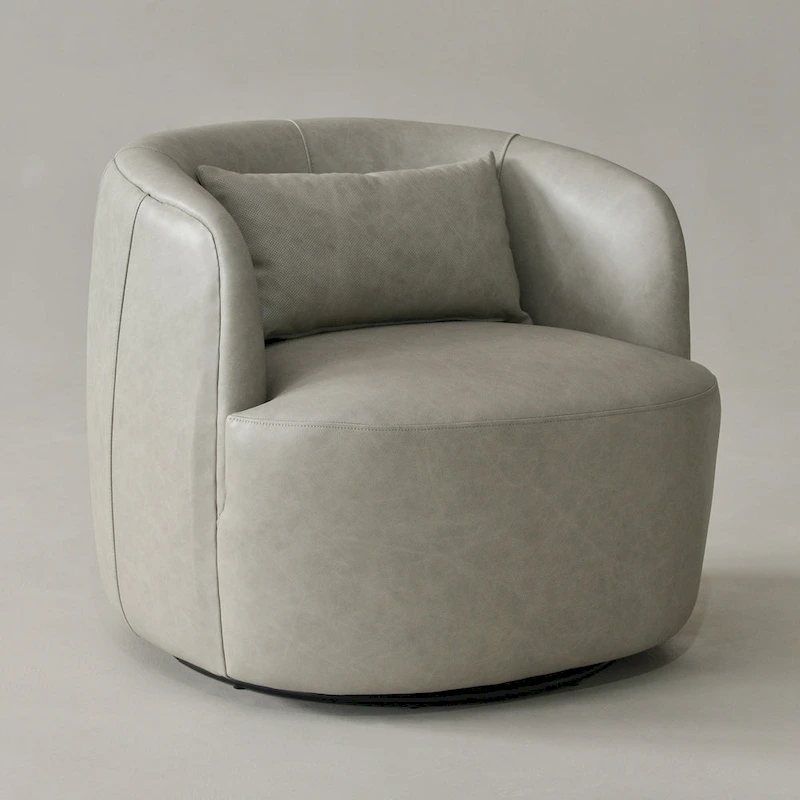 KINWELL Modern Top Grain Genuine Leather Swivel Armchair with Pillow