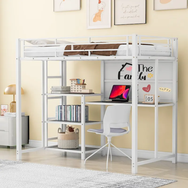 White Twin Size Metal Loft Bed with Desk, Whiteboard, Shelves, and Ladder