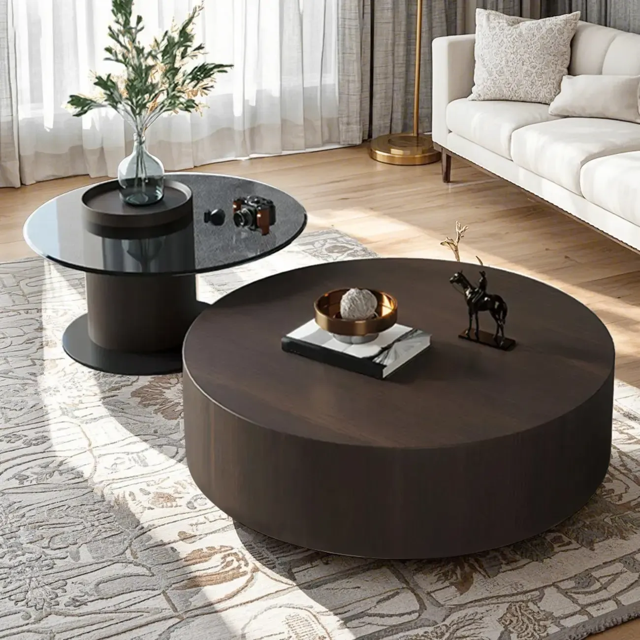 Brown Round Scandinavian Wood Coffee Table with Storage