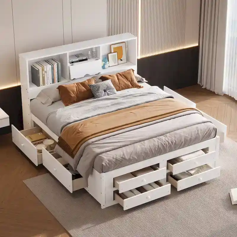 Platform Bed with Storage Headboard and 8 Drawers