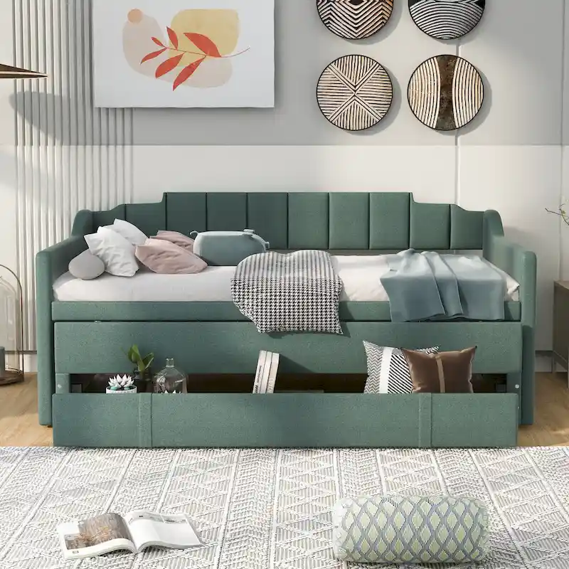 Nestfair Twin Size Upholstered Daybed with Trundle and Three Drawers