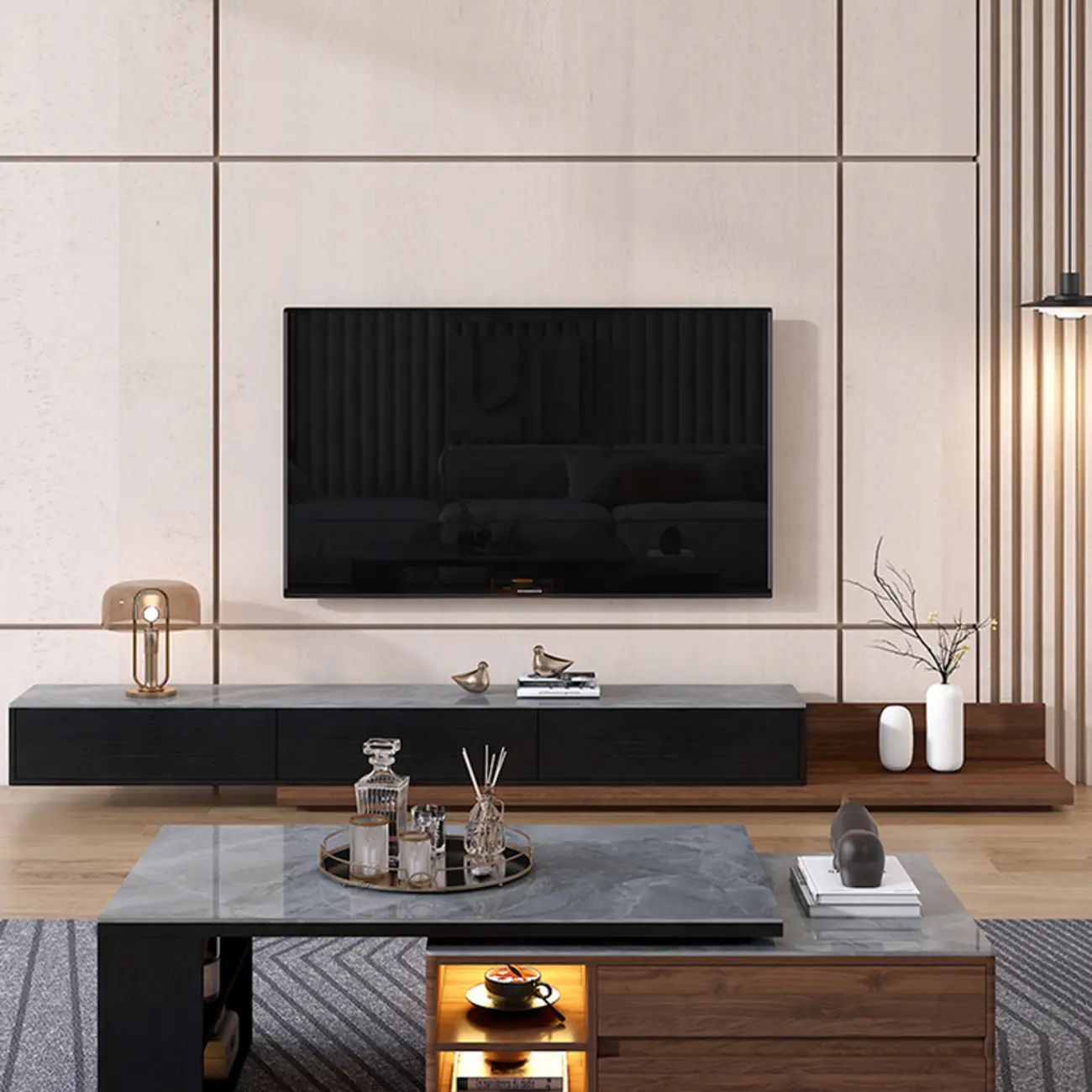 71 Walnut-Black Modern Stone TV Console with Drawers