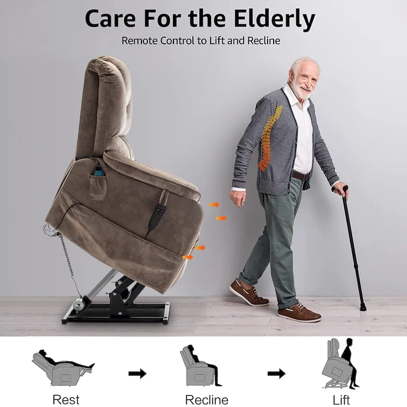 Dual Motor Power Lift Recliner, Brown/Yellow/Black, Heat & Massage, 180°, Seats 1