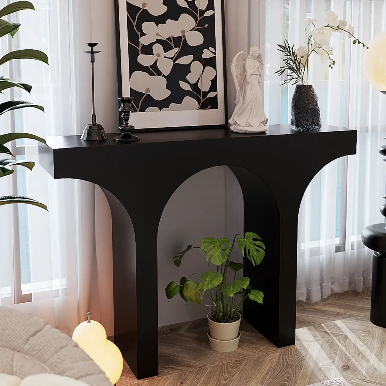Entryway Rectangular Black Arch Base Console Table