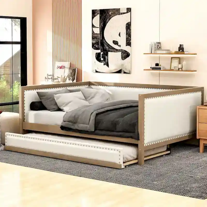 Full Size Upholstered Daybed with Trundle or 2 Drawers and Nailhead Decoration