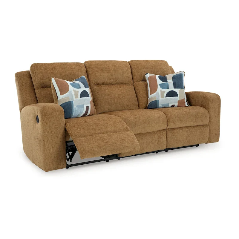 Damon Manual Reclining Sofa, Camel Brown Polyester, 2 Pillows, 86 Inch