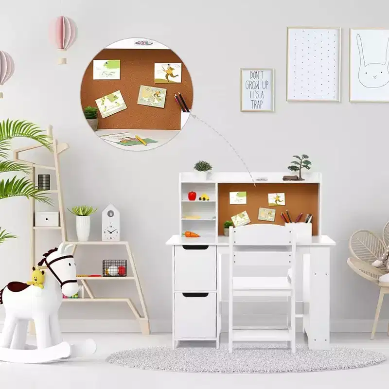 Kids Wooden Study Desk Learn Table Chair Set with Bookshelf, Bulletin Board, and Cabinets,White