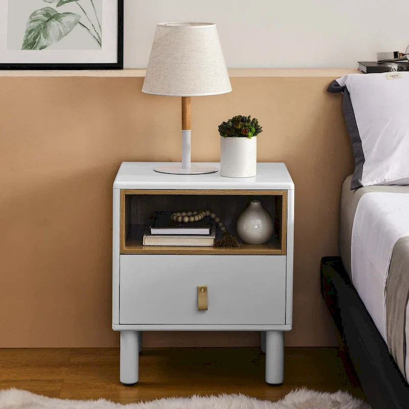 Nightstand - MDF & Solid Wood, 1 Drawer, Open Shelf, Leather Handles, 18.9W x 21.65H, Modern