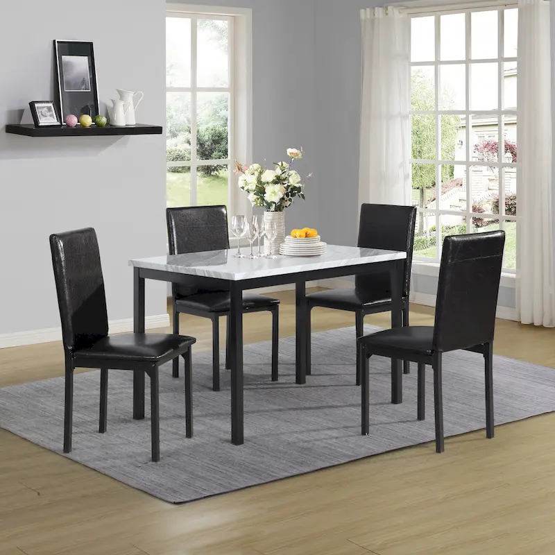 5-Piece Dining Table and Chair Set, Kitchen Dining Furniture Set with Faux Marble Rectangular Table and 4 Chairs