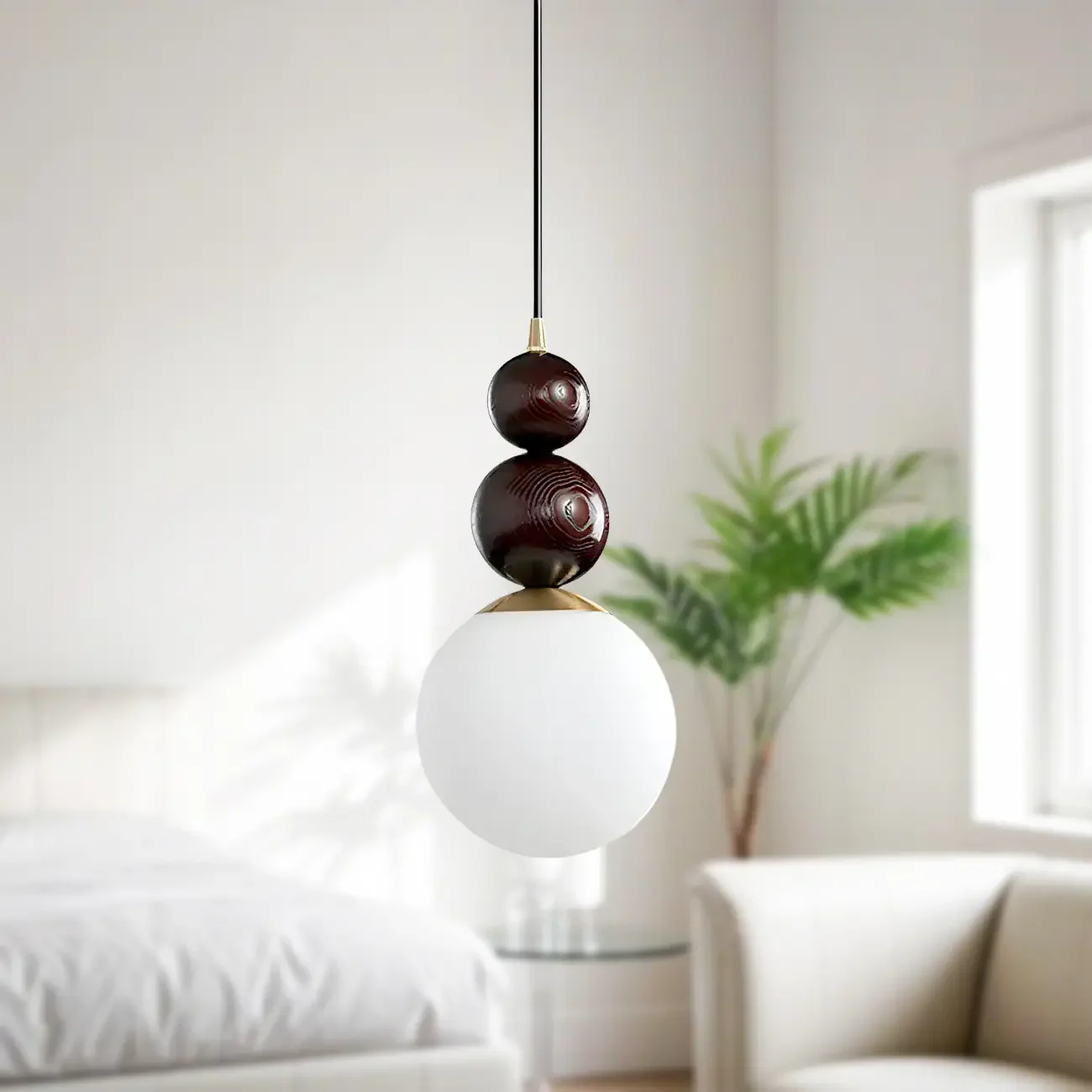 Modern White Glass Globe Pendant Light with Layered Black Bead
