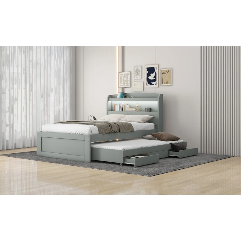 Twin XL Size Platform Bed with Storage LED Headboard, Charging Station, Twin Size Trundle and 2 Drawers