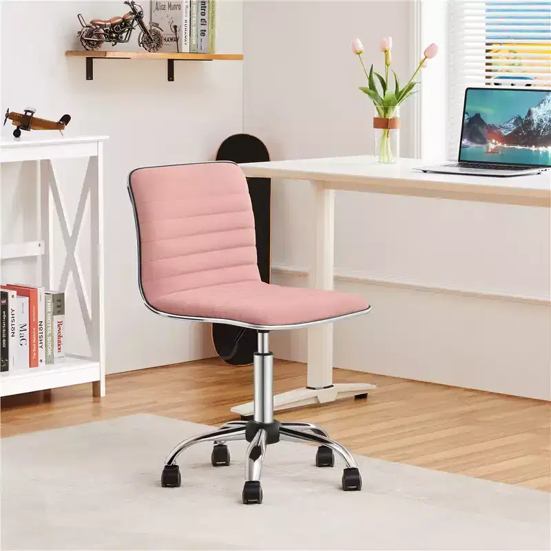 Velvet Low Back Armless Rolling Desk Chair – Apricot Pink / Dark Gray, 1-Person