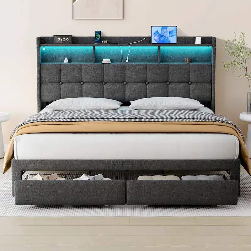 King Size Platform Bed Frame with LED Lighting and USB Charging Headboard