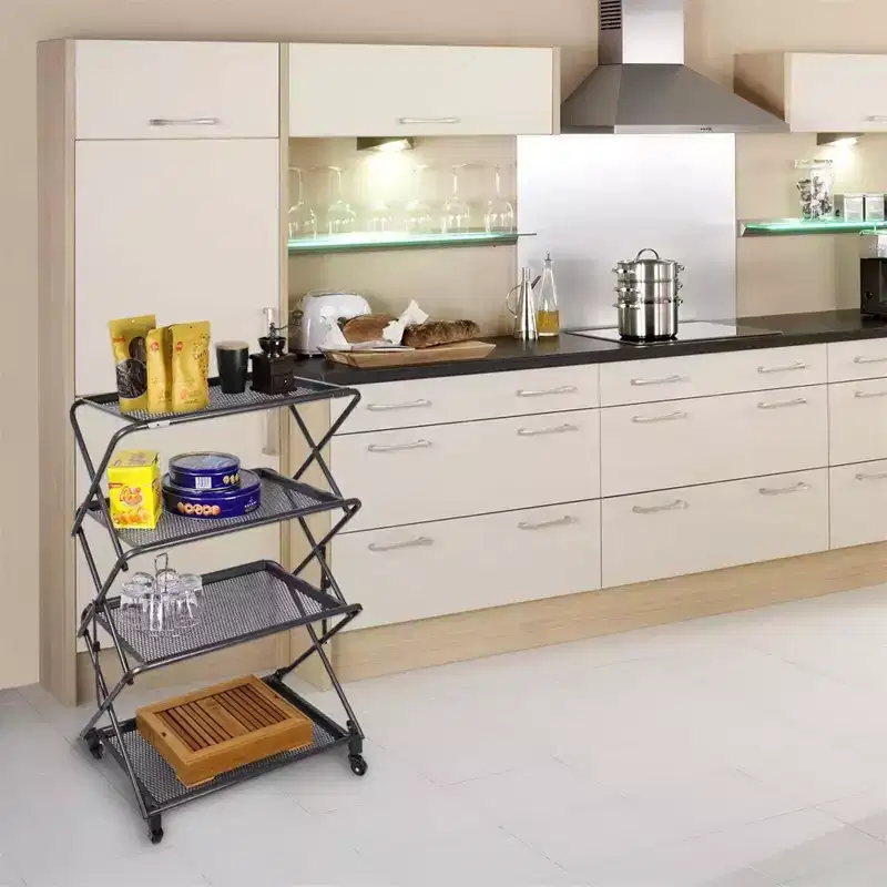 Zenree 4-Tier Foldable Steel Shelf with Casters, Powder-Coated Finish, Removable Mesh Trays, 39H