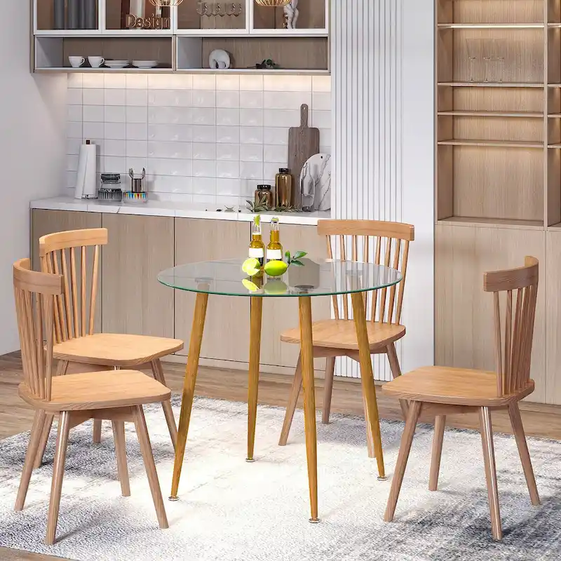 Gymax Leisure Coffee Table Round Glass Dining Table w/ Metal Legs