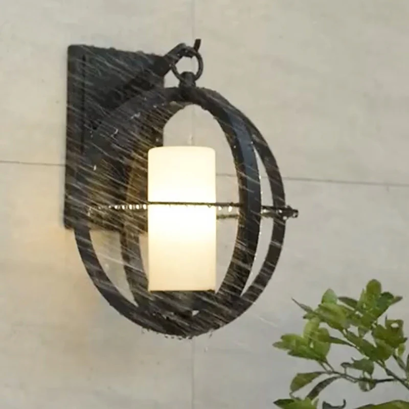 Mini Industrial Metal Outdoor Wall Light White Glass Cylinder LED