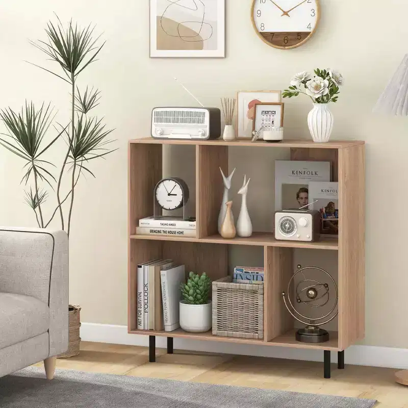 Black/Natural/White Mid-Century Modern 4-Cube Open Bookshelf, Single