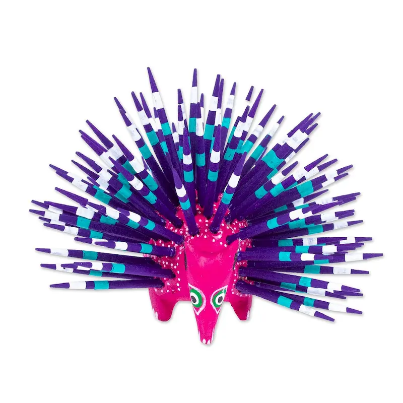 Novica Handmade Cute Porcupine In Fuchsia Wood Alebrije Figurine