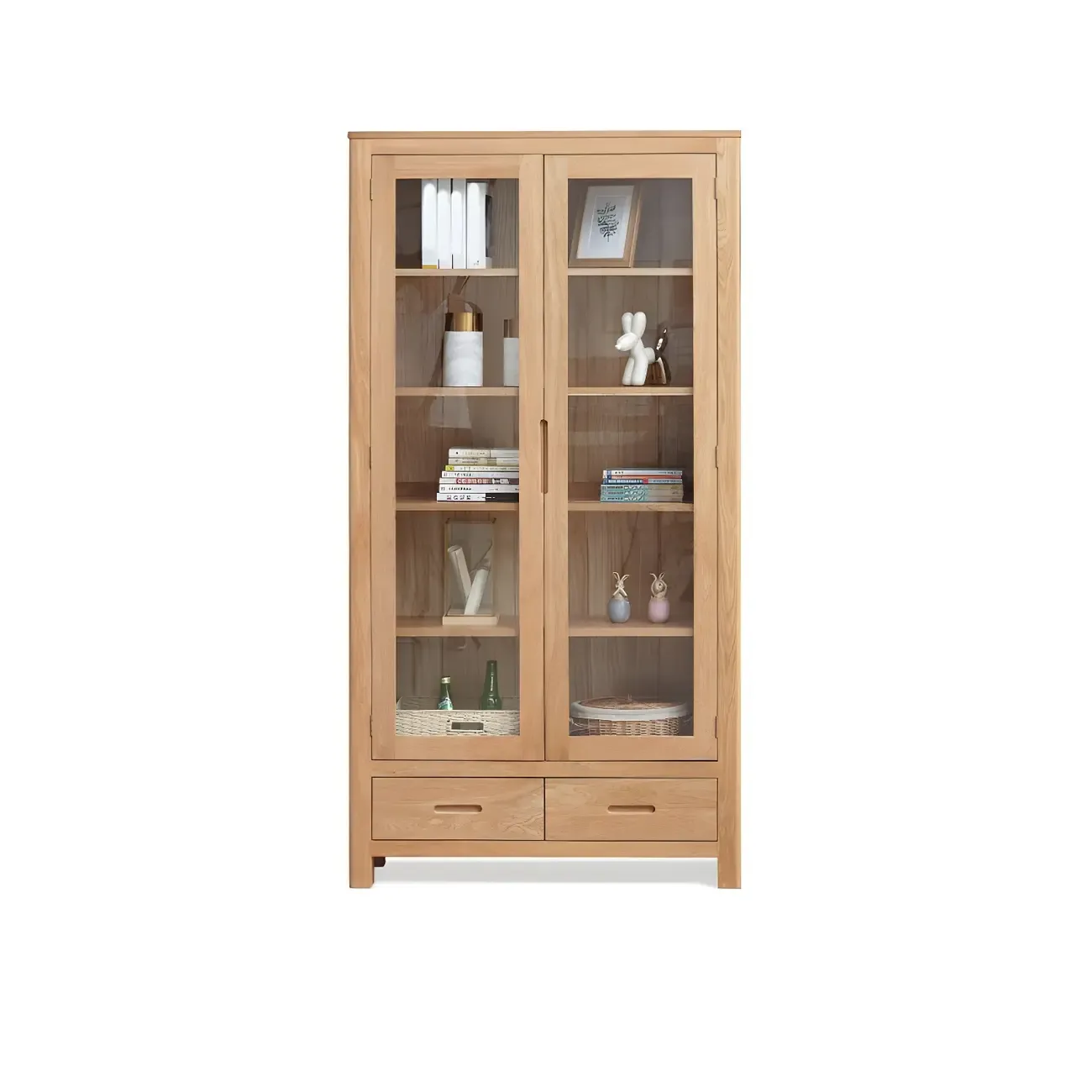 2-Drawer Natural Wood Display Cabinet Adjustable Shelves