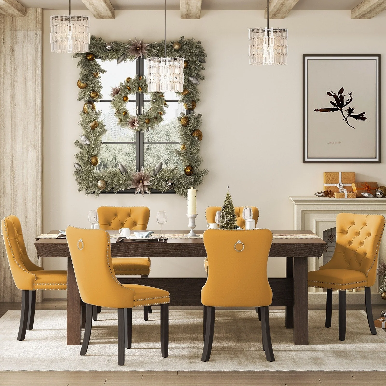 Upholstered Tufted Velvet Dining Chair with Solid Wood Legs Set of 6