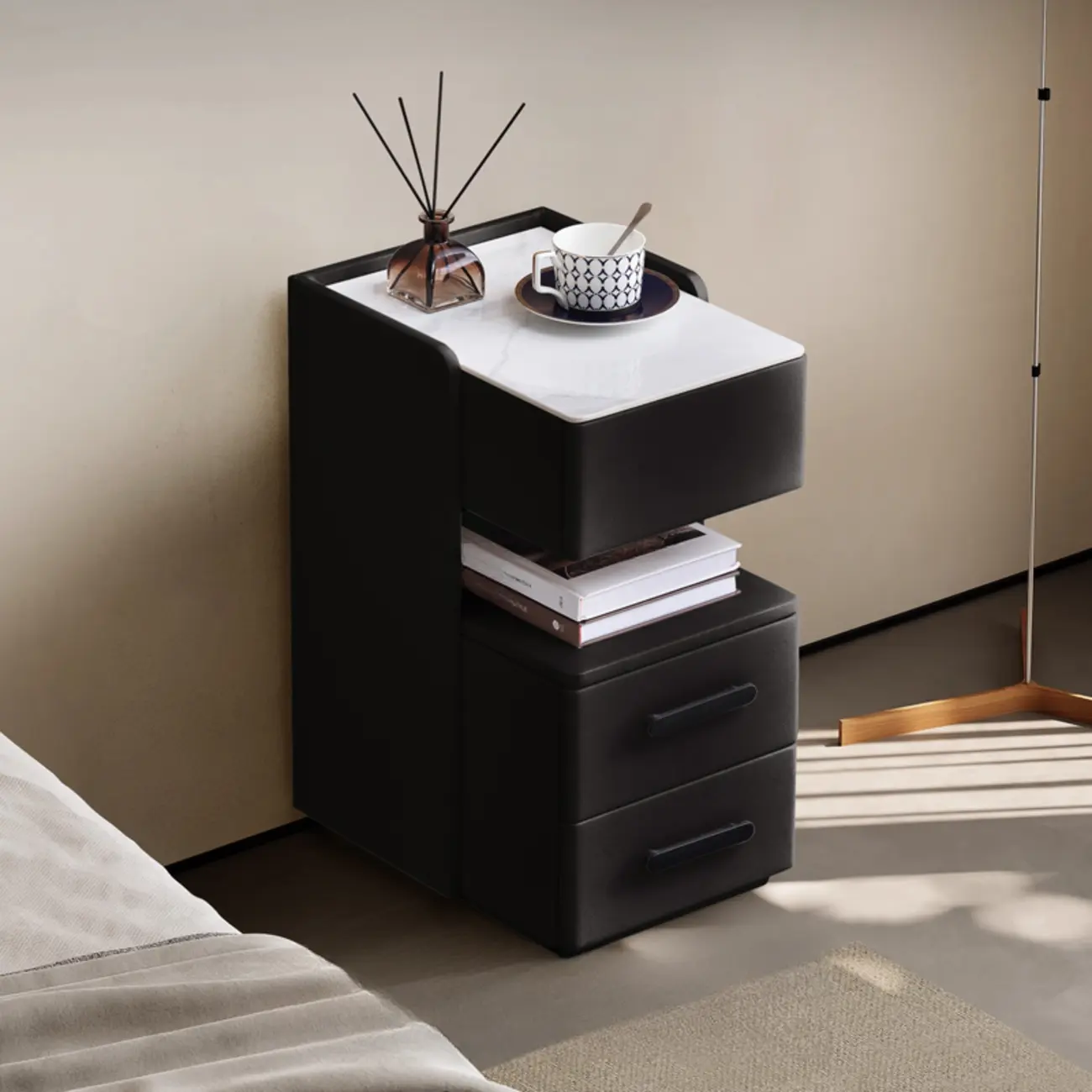 Compact Stone-Top Wooden 4-Tier White Nightstand