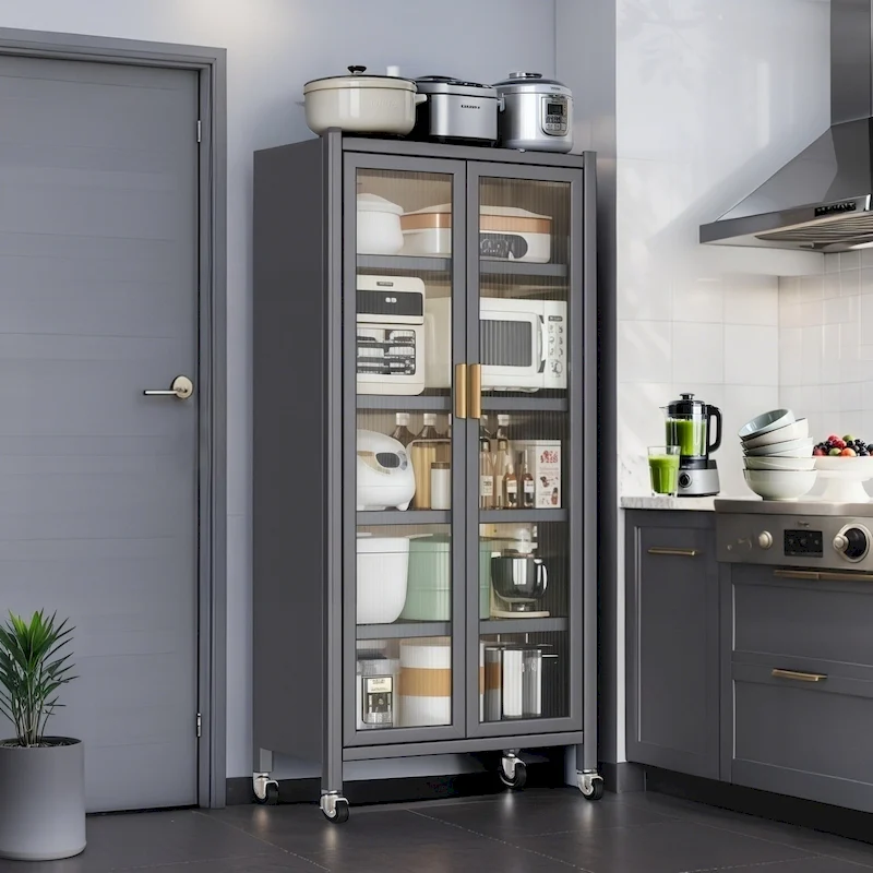 Kitchen Pantry Storage Cabinet,6 Tier Metal Display Storage Cabinet with Transparent Door,Adjustable Shelves & Wheels