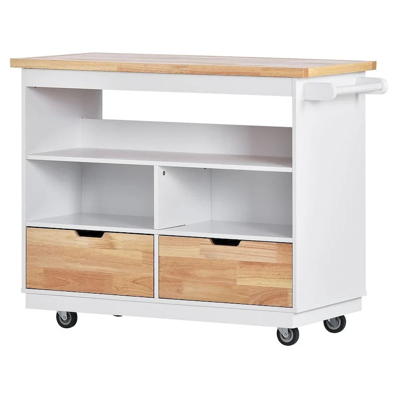 Kitchen Island on Wheels with Open Compartments and 2 Drawers