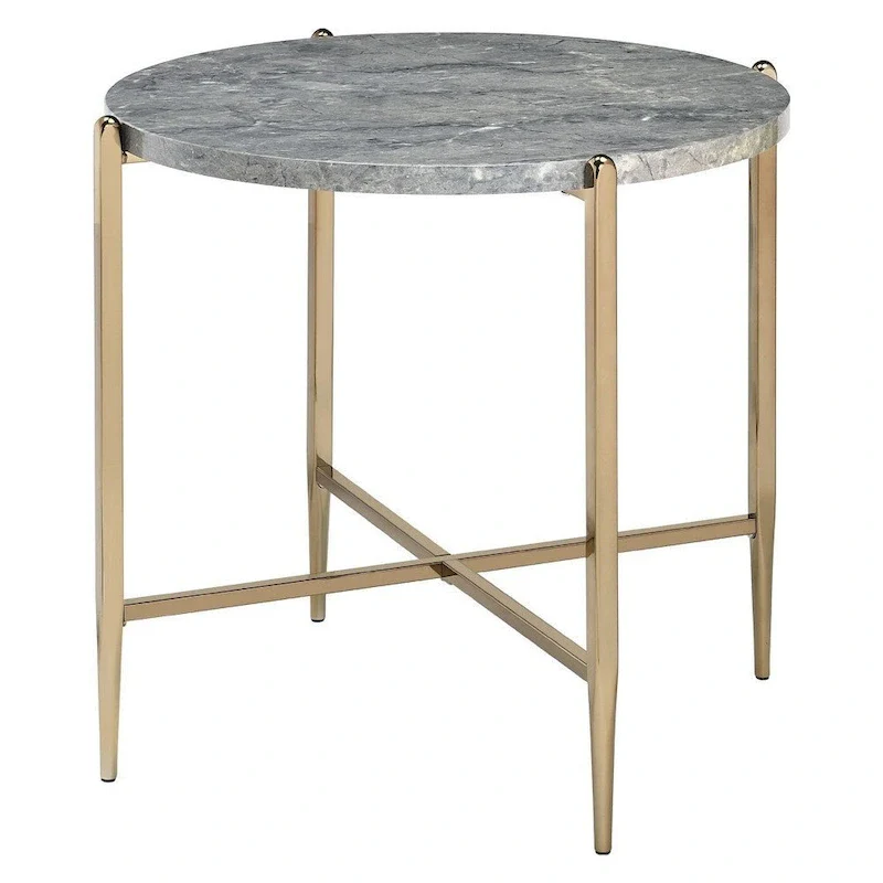 End Table with Oval Marble Top and X Shaped Support - Grey and Gold - 26 L x 26 W x 23.62 H Inches