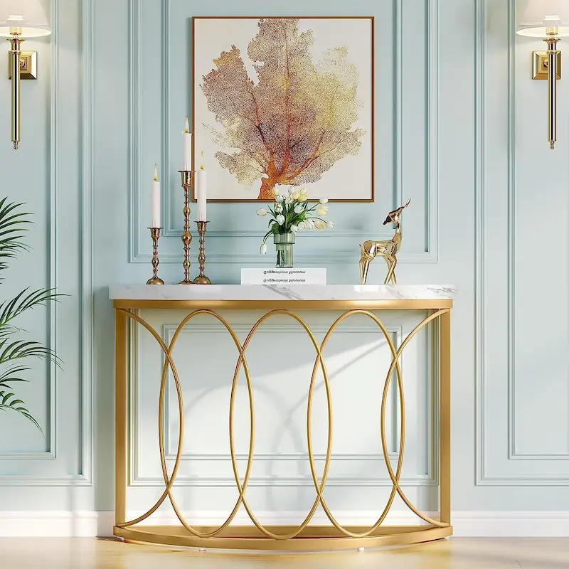 Half Moon Gold Console Table, 43 Inch Modern Faux Marble Entryway Table