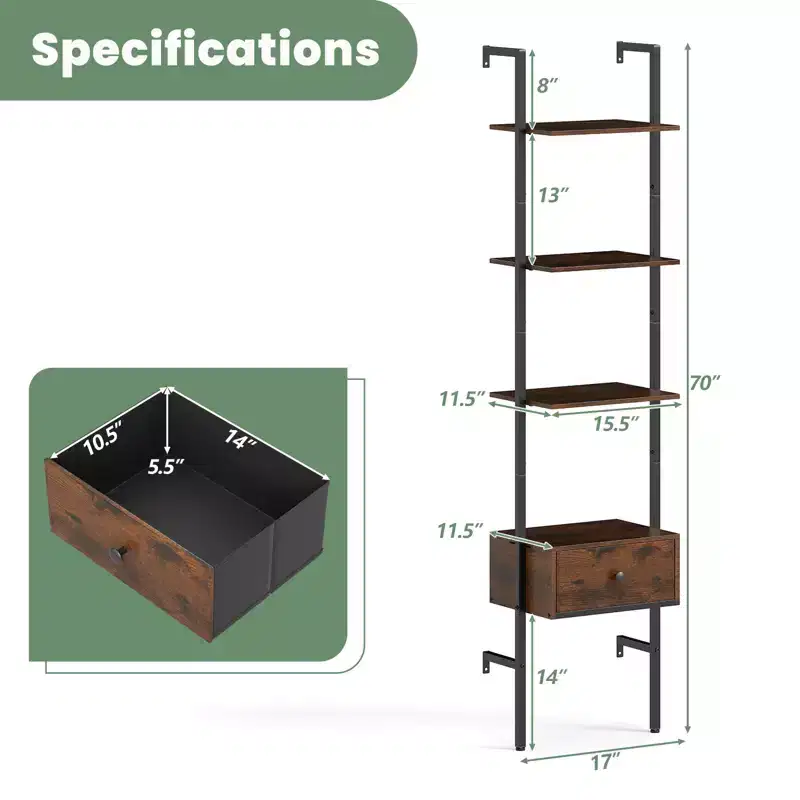 Costway 5-Tier Bookshelf w/ Drawer 70 Wall Mount Ladder Bookcase w/ Metal Frame