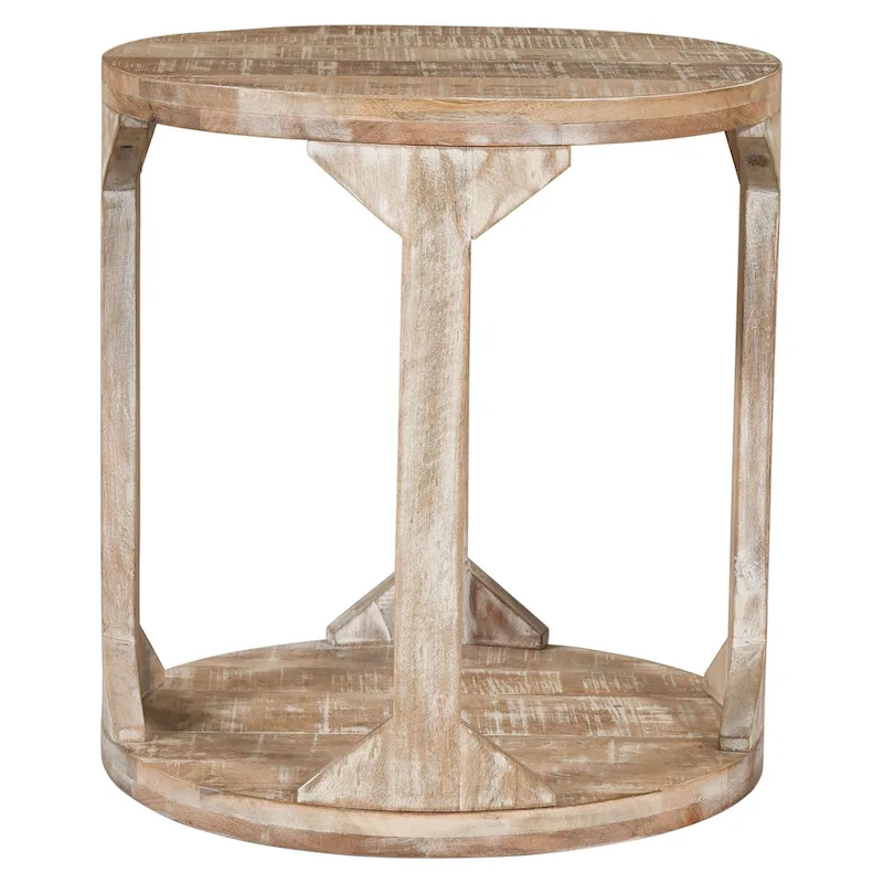 Two Tier Handmade Round End Table - 22 - Beige