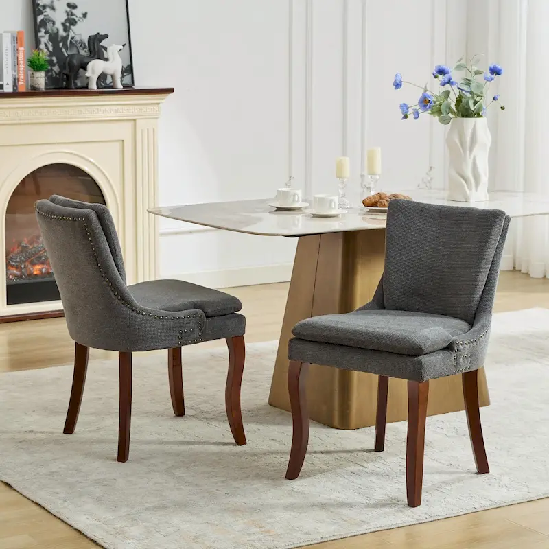 Double-layer Cushioned Dining Chairs Set of 2 Chenille Mid-Back Chair with Nailhead Trim Side Chair with Bent Wood Legs