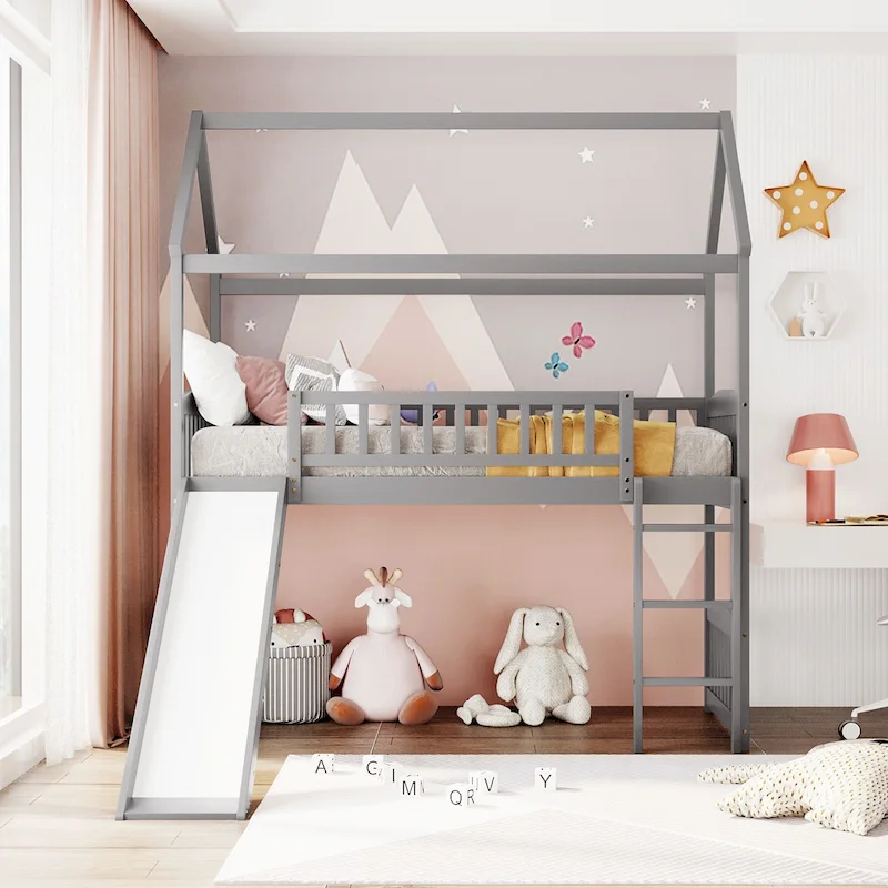 Twin Loft Bed with Slide,House Bed with Slide